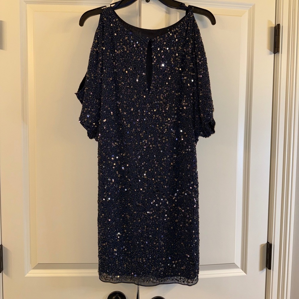 Aidan Mattox Navy Blue Sequin Cold Shoulder Party Dress Size 4 - Picture 5 of 9